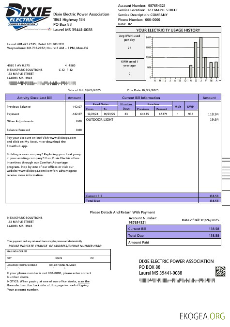 USA Mississipi Dixie Electric modèle de facture de services publics aux formats Word et PDF